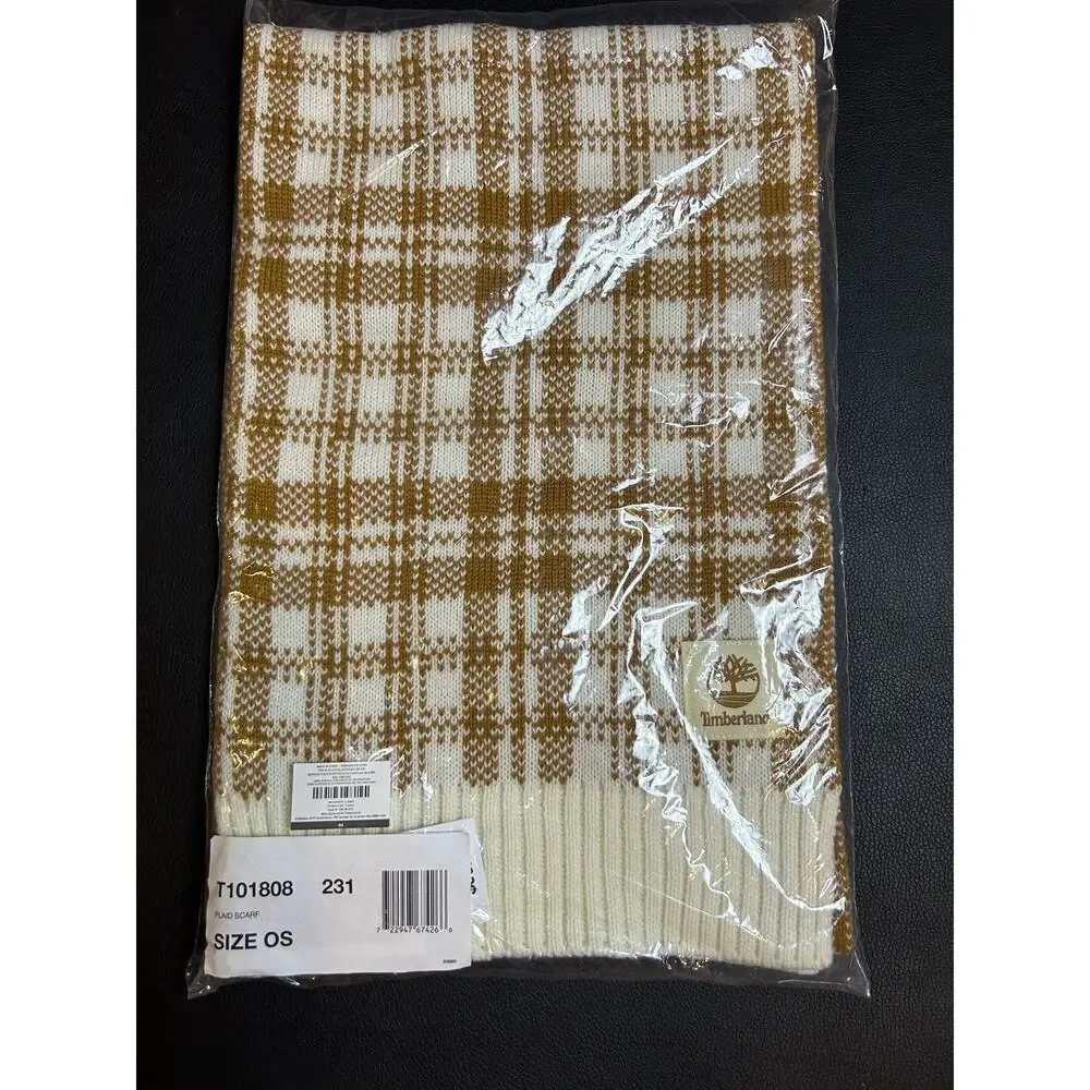 Timberland Scarf Tan White Plaid Winter New in Package Fringe